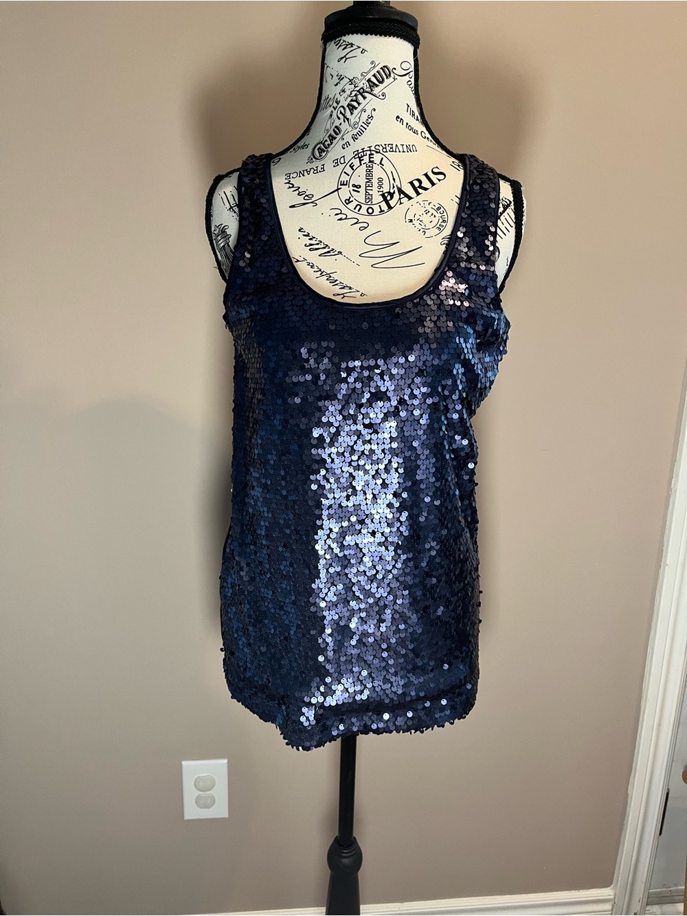 Express Navy Sequin Scoop Neck Tank Top